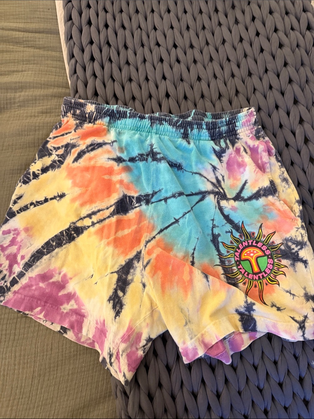 TALENTLESS Tie-Dye Athletic Shorts with Sun Patch - Blue, Orange, Yellow, Purple